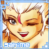 Anime-style character with light brown skin, white hair, and a red bindi-like mark on forehead; blue border frame with corner squares; 'sahime' text below.