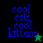 Pixelated blue text 'cool cats cool Kittens' on dark and green backgrounds with a small green star and black star icon.