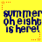 Yellow background with blue pixelated text reading 'summer oh eight is here!' repeated in six positions, surrounded by orange star-shaped corner markers and dotted lines