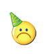 Yellow emoji faces with party hats, showing sad expression in first frame and smiling expressions in subsequent frames.
