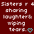 Red background with white pixelated text reading 'Sisters r 4 Sisters r 4 sharing laughter & wiping tears.' and a cyan heart symbol.