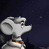 Animated cartoon mouse with light gray fur, orange collar, and white fur on chest, turning head from left to right against dark blue starry background.