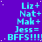 A static digital image with a purple background and light blue text listing names and 'BFFS!!!!' in repeated