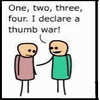 A 2x2 contact sheet of three animated frames showing two stick figures in a thumb war sequence with text and pose changes across panels.