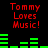Red text "Tommy Loves Music!" appears above green audio equalizer bars on a black background, with two identical frames showing equalizer bar height variations.