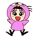 Pixelated cartoon character in pink hooded outfit with yellow crown, black hair, red mouth, and black shoes on gray background.