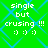 Green background with blue diamond pattern, white pixelated text "single but cruising !!!" and three smiley faces below