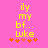 Yellow pixelated text on pink background with orange and red star-like symbols below, showing animation change in the second symbol's color.