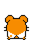 Pixel art hamster character in orange and white with a small stick, shown in multiple poses including front, side, and back views on a gray background.
