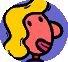 A cartoon character with pink skin and yellow or green hair in a blue circular frame, showing multiple facial expressions including open mouth, closed eyes, and side profile.