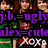 A static image of a person in green and red clothing with purple text overlays reading "j.b.=ugly" and "alex=cute" above white "Xoxo" text.