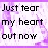 Pixelated text reads 'Just tear my heart out now' in black block letters on a white background with purple pixelated accents.