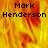 A pixelated image with fiery orange and yellow background displaying 'Mark Henderson' text in black, split into four quadrants where the bottom-right is solid gray.