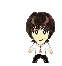 Pixelated character in white shirt and red tie with six distinct poses showing varied arm positions and facial expressions against gray background.