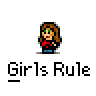 Animated contact sheet of a cartoon woman in various poses and expressions with "Girls Rule" text below each frame on gray background