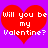 Two identical red hearts on a purple background with white pixelated text reading "Will you be my Valentine?".