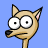 Animated cartoon dog head with large white eyes, black nose, and pink inner ears against blue background.