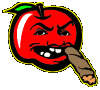 Red apple-shaped avatar with angry expression, green leaf on top, yellow outline, brown cigar in mouth against gray background.