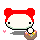 A 4-frame pixel art animation of a red-bowed white character holding a brown basket with colorful flowers, showing subtle pose and expression changes across frames.