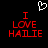 Pixelated red text "I LOVE HAILIE" on black background with white heart symbol above, two versions side-by-side showing identical static content.