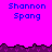 Pixelated text 'Shannon Spang' appears in blue on a bright pink background with dark purple jagged borders, arranged across multiple