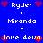 Blue background with white text and pixelated hearts; two identical love calculator layouts showing 'Ryder + Miranda = love deva' with heart symbols.