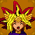 Pixel art character with yellow spiky hair and red accents, wearing purple clothing against a brown patterned background.