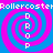 Four identical spiral patterns with alternating blue and pink rings, each containing vertical white text "DROP" on a solid blue background.