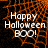 Animated Halloween-themed icon with orange spiderweb background and white text reading 'Happy Halloween BOO!' in three