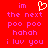 Red background with pink pixelated text reading 'im the next poo poo hahah i luv you' and a white heart symbol above the first line.