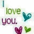 Text 'I love you.' in green and purple with three pixelated hearts in blue, pink, and green on a white background.