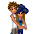 A 4x3 contact sheet of pixel art animated frames showing couples in various romantic poses with red text reading "Everybody is falling to love but me." and a heart icon.
