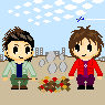 Pixel art animation of two cartoon characters in a cityscape, alternating between standing still and interacting with piles of debris.