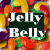 Pixelated candy-themed animation with 'Jelly Belly' text on dark green background, surrounded by colorful jelly beans.