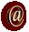 @ symbol in gold with dark red background, animated rotation showing multiple angles of the @ character within a circular frame.