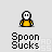 Pixelated character in yellow shirt with white hair and neutral expression, displaying multiple text bubbles including 'Spoon Sucks', 'NO REALLY', and 'IT SUCKS' across different frames.
