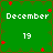 Green background with white text reading "December" and "19", scattered red star shapes, brown cross lines dividing the image into four quadrants.