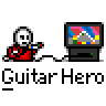 Animated contact sheet of a pixel art guitar hero buddy icon showing frame-by-frame motion across 9 sampled frames arranged in a 3x3 grid on gray background.