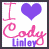 Six pixelated 'I ❤️ Cody Linley' icons in different color schemes arranged in a , each with distinct text and heart colors