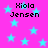 A static image with a bright pink background filled with light blue stars and repeated text "Kiola Jensen" in black pixelated font.