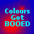 Pixelated text 'Colours Got BOOED' in cyan on a blue-red gradient background with red glow effects.