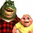 Two pixelated cartoon characters stand side-by-side; the left figure wears a green helmet and red plaid shirt, the right figure wears a yellow shirt.