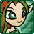Pixelated character with green hair and teal eyes, wearing a green top against a textured teal background.