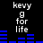 Pixelated text and blue bar graphs on black background with repeated 'kevy g for life' phrases.