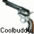 Pixelated static image of a revolver with brown grip and metallic barrel, positioned diagonally against white background, with "Coolbuddy" text below in blocky black font.
