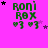 Green text 'Roni ROX' with two heart symbols below on bright pink background, surrounded by black and purple stars in animated positions.