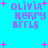 Pixelated text 'OLIVIA KERRY BFMLS' on cyan background with pink starbursts, four identical copies arranged in a pattern