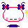 Animated contact sheet of a pixel art character with multiple expressions and poses across 8 frames, featuring pink cheeks, red outlines, purple bows, yellow question marks, and blue cloud shapes on gray background.