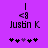 Purple background with black text 'Justin K' and a '<9' symbol above it, surrounded by five star-like symbols with one purple star in the center.