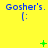 Yellow background with blue text "Gosher's." above a colon-parenthesis face, green symbols appear and change in the middle
